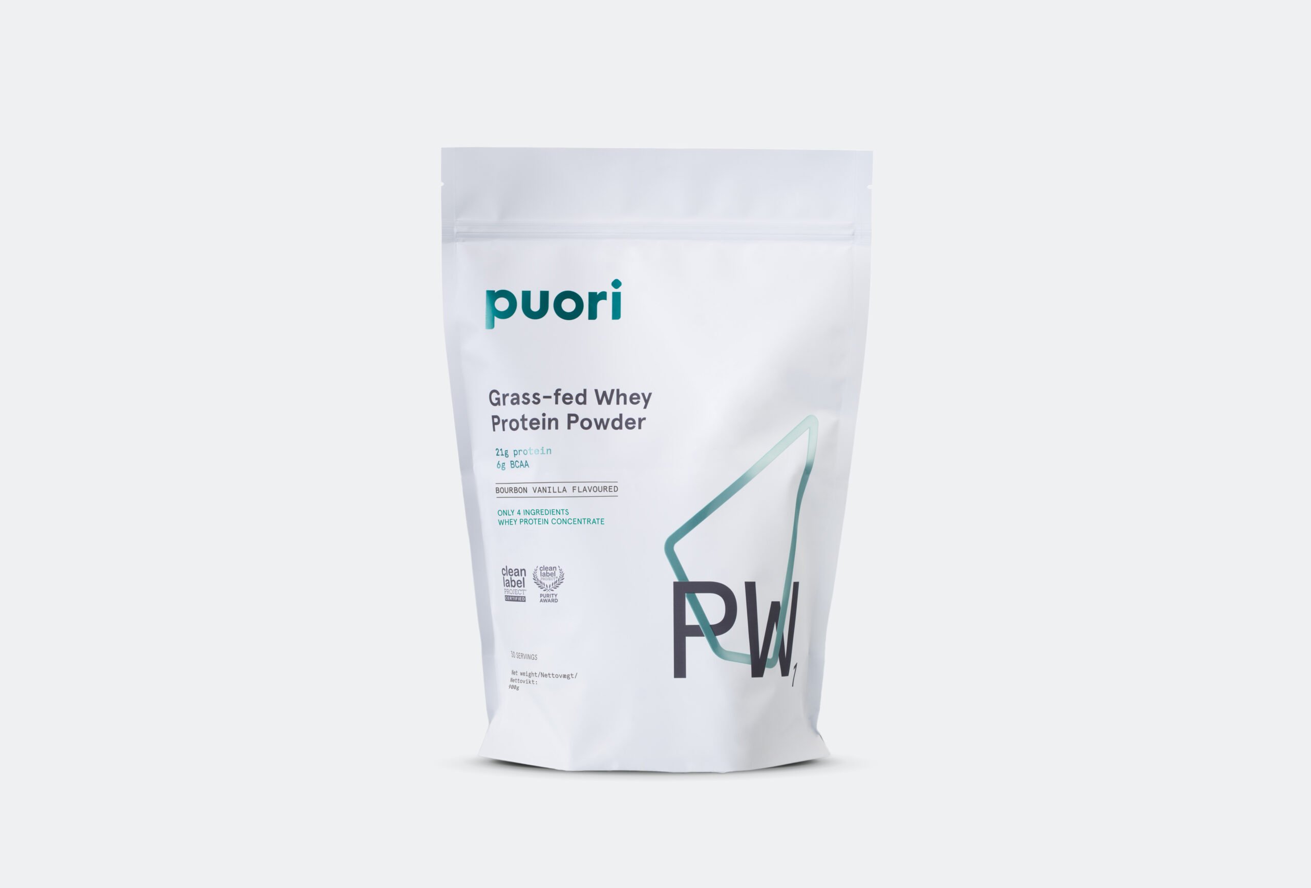 Puori PW1 Gr�sfodret Whey Proteinpulver med Bourbon Vanilje (900 g)