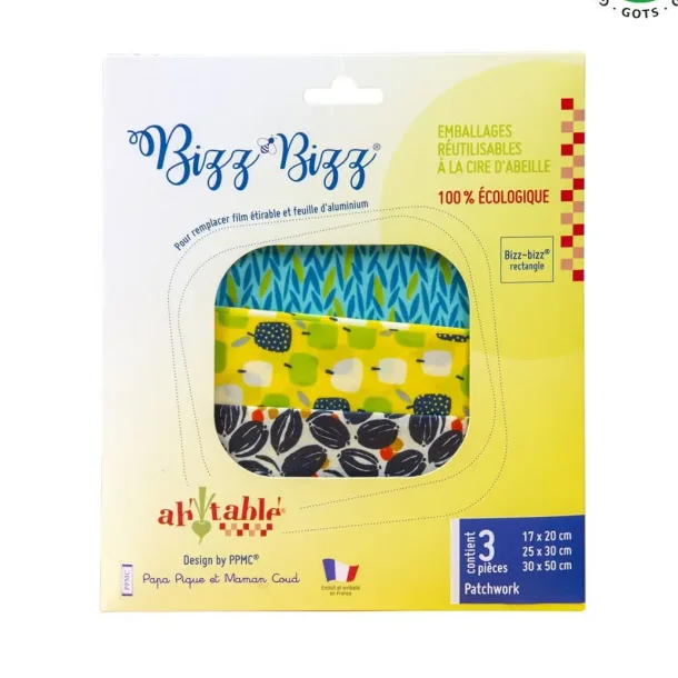 Bee Wraps i �kologisk bomuld, pakke med 3 stk. i st�rrelse S, M og L